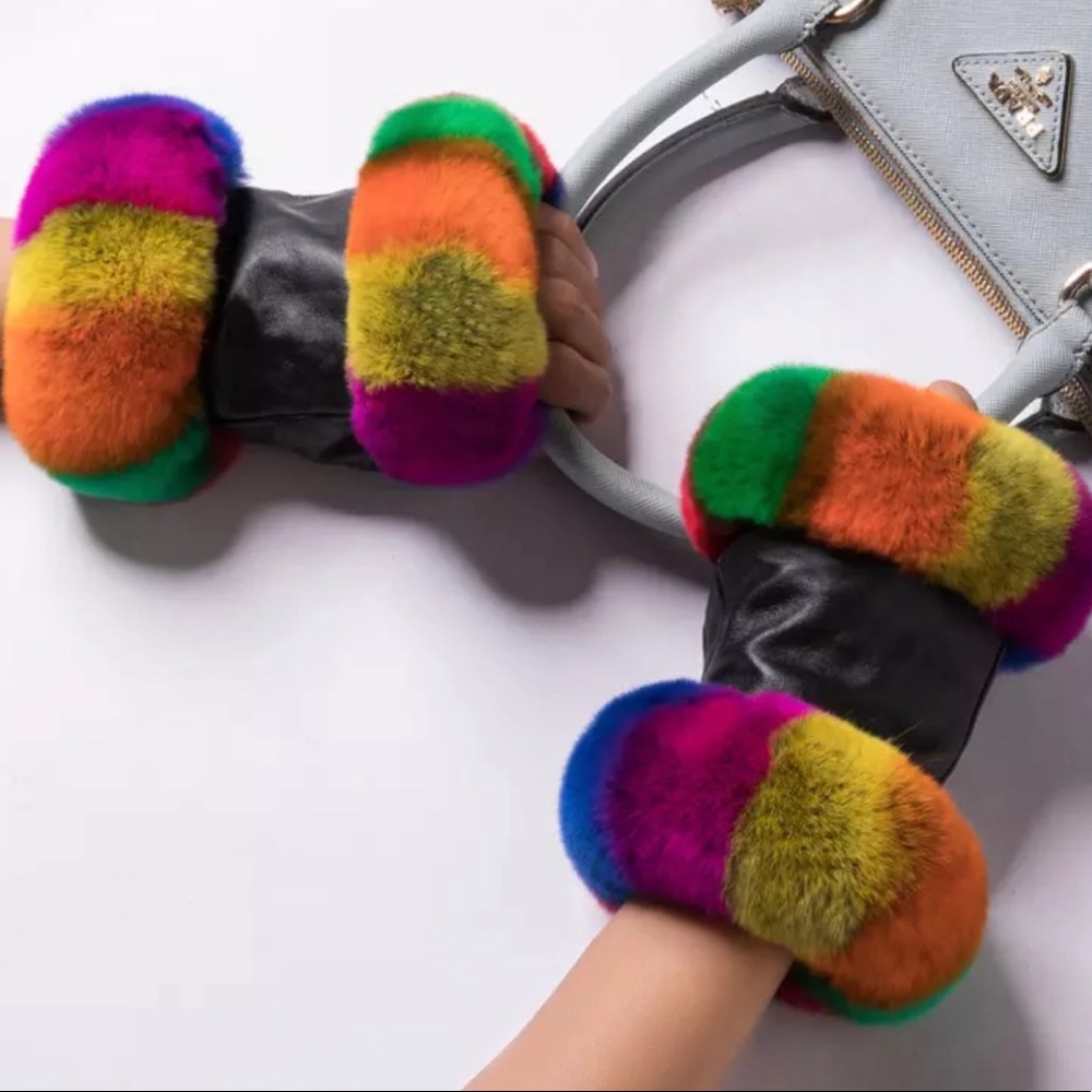 Multi Color Fur Fingerless Gloves